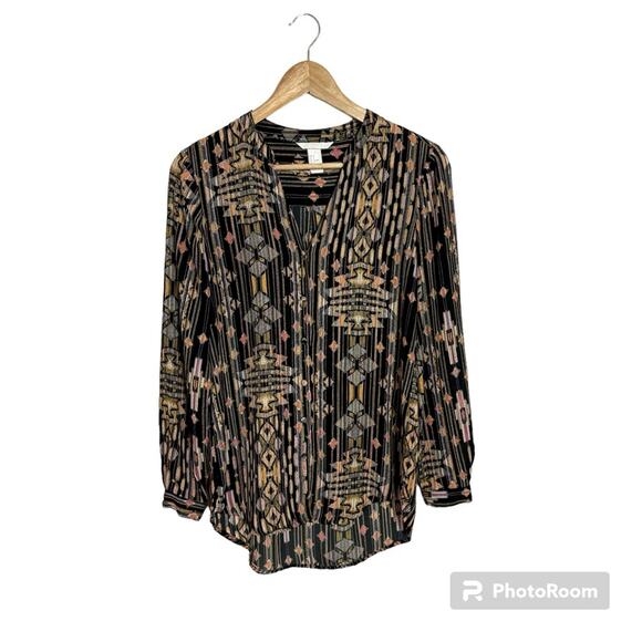 H&M Sheer Southwest Blouse Women’s 4 V-Neck Button Down Boho Black Shirt Top - Picture 1 of 11